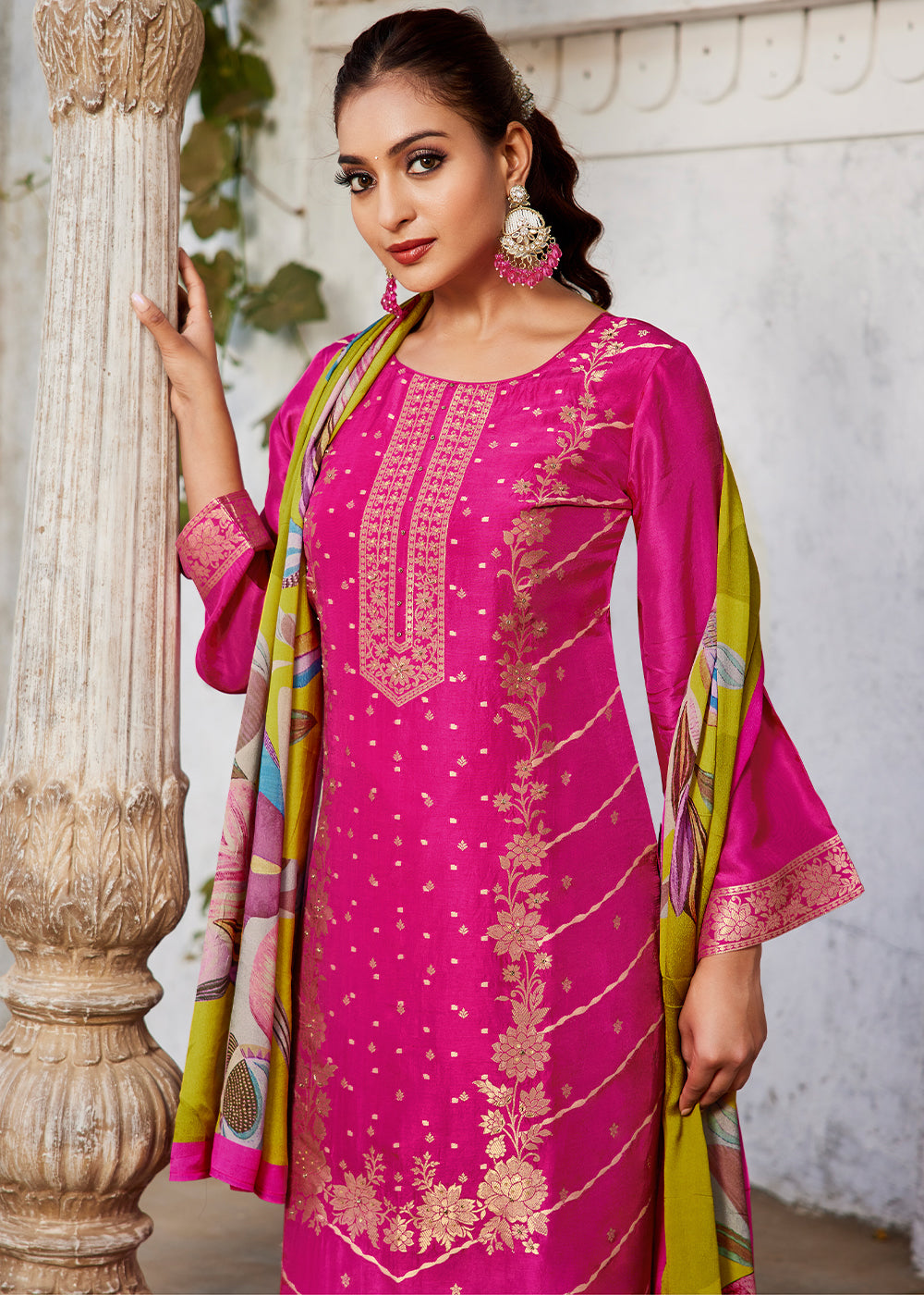 Ruby Pink Jacquard Silk Straight Kurta Set with Zari Embroidery & Lime Floral Print Dupatta