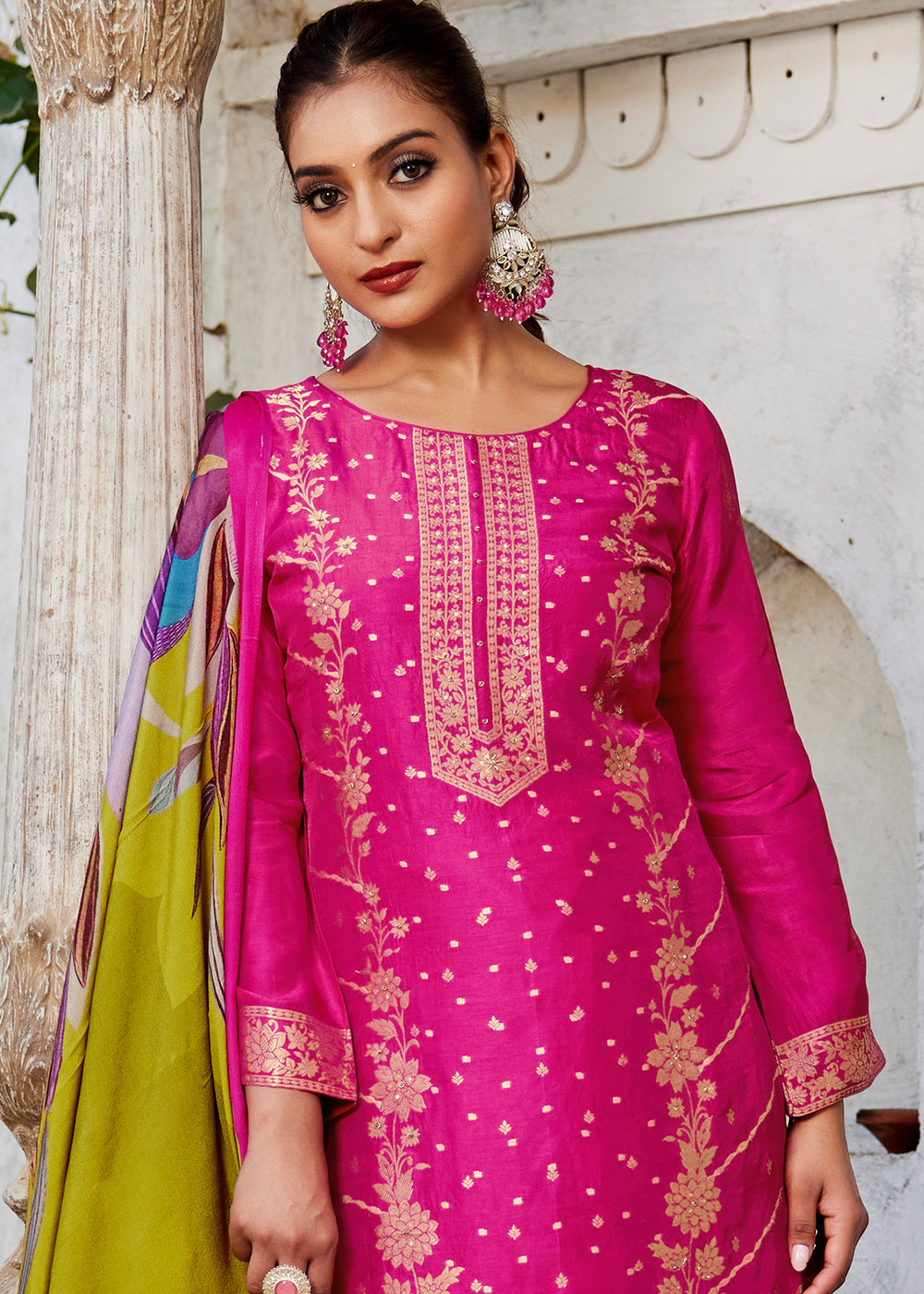 Ruby Pink Jacquard Silk Straight Kurta Set with Zari Embroidery &amp; Lime Floral Print Dupatta