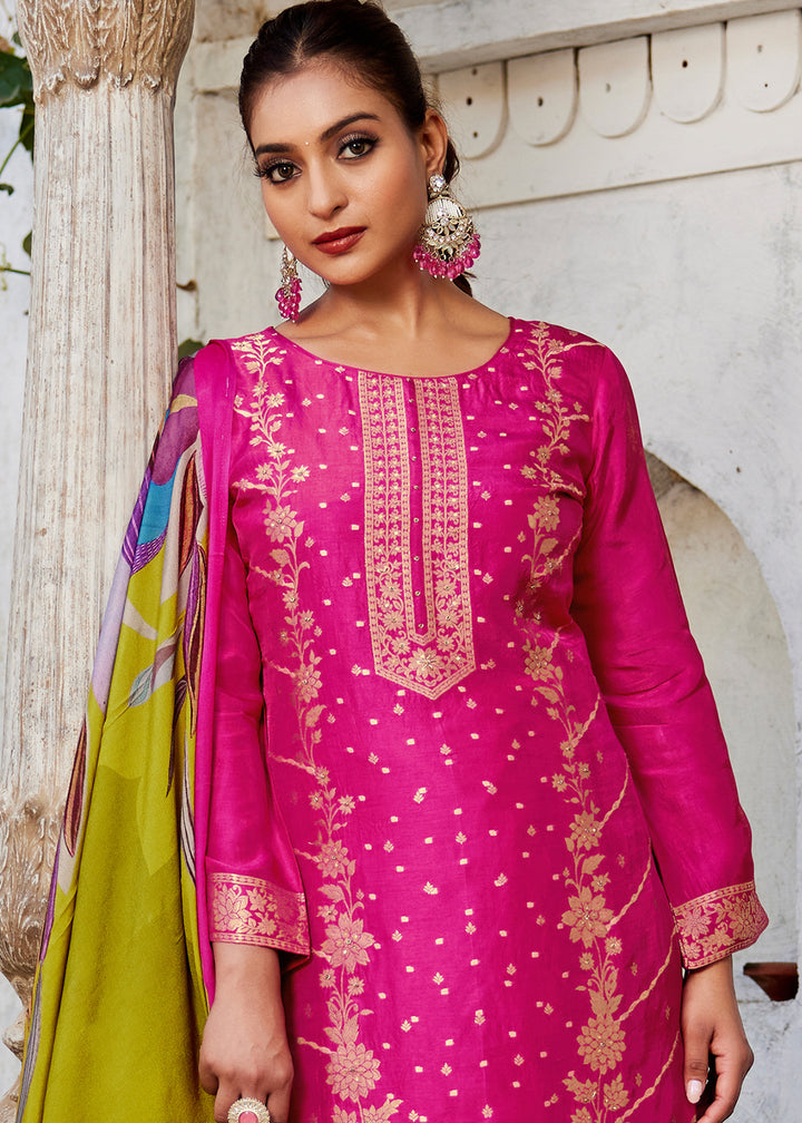 Ruby Pink Jacquard Silk Straight Kurta Set with Zari Embroidery &amp; Lime Floral Print Dupatta