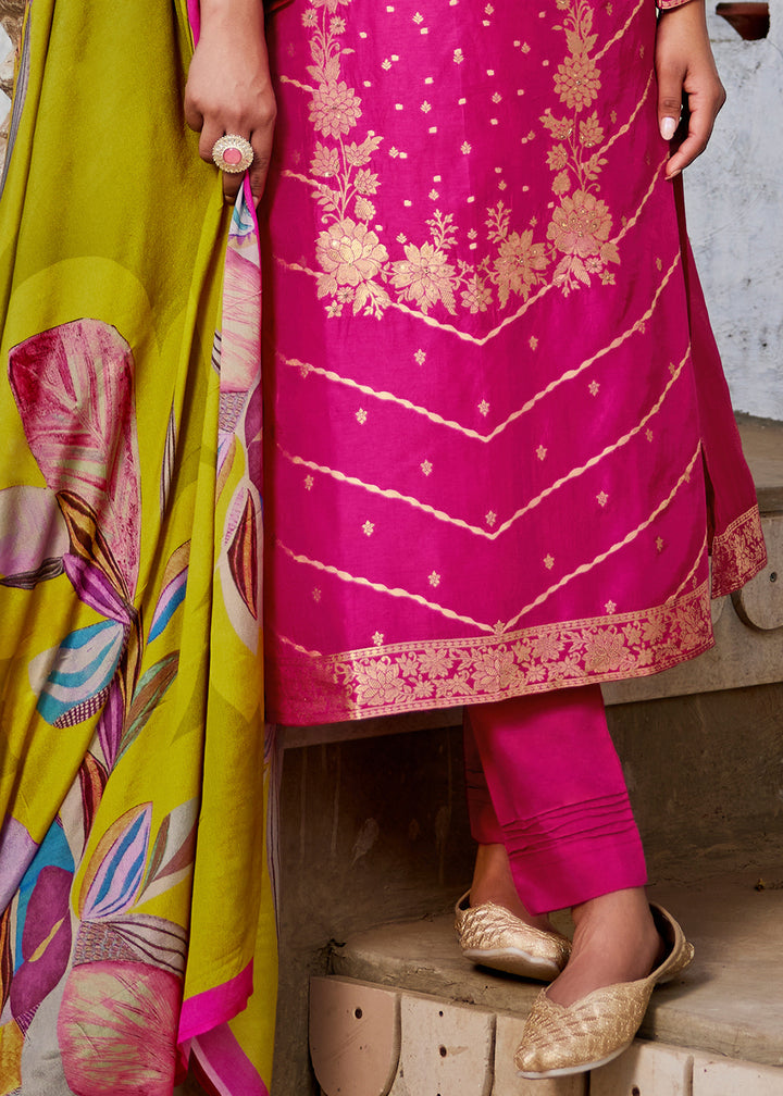 Ruby Pink Jacquard Silk Straight Kurta Set with Zari Embroidery &amp; Lime Floral Print Dupatta
