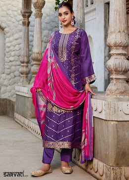 Royal Purple Jacquard Silk Straight Kurta Set with Zari Embroidery & Pink Floral Print Dupatta