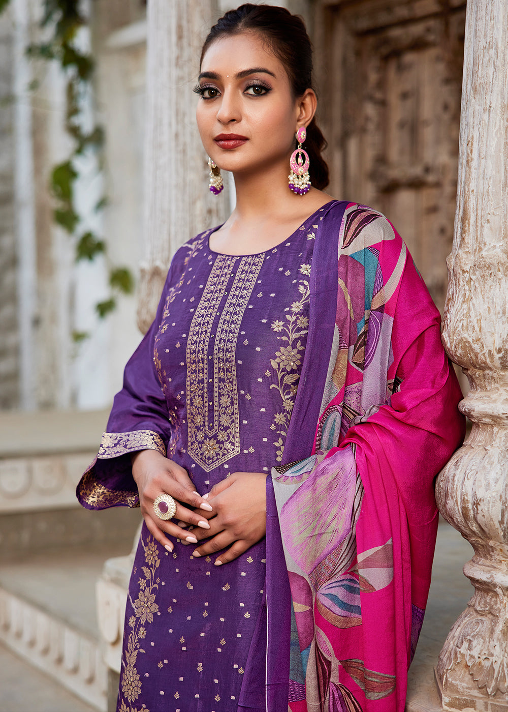 Royal Purple Jacquard Silk Straight Kurta Set with Zari Embroidery &amp; Pink Floral Print Dupatta