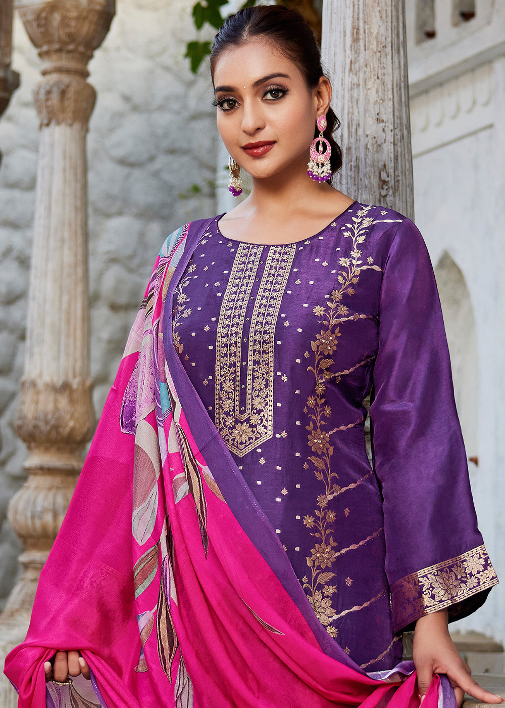 Royal Purple Jacquard Silk Straight Kurta Set with Zari Embroidery &amp; Pink Floral Print Dupatta