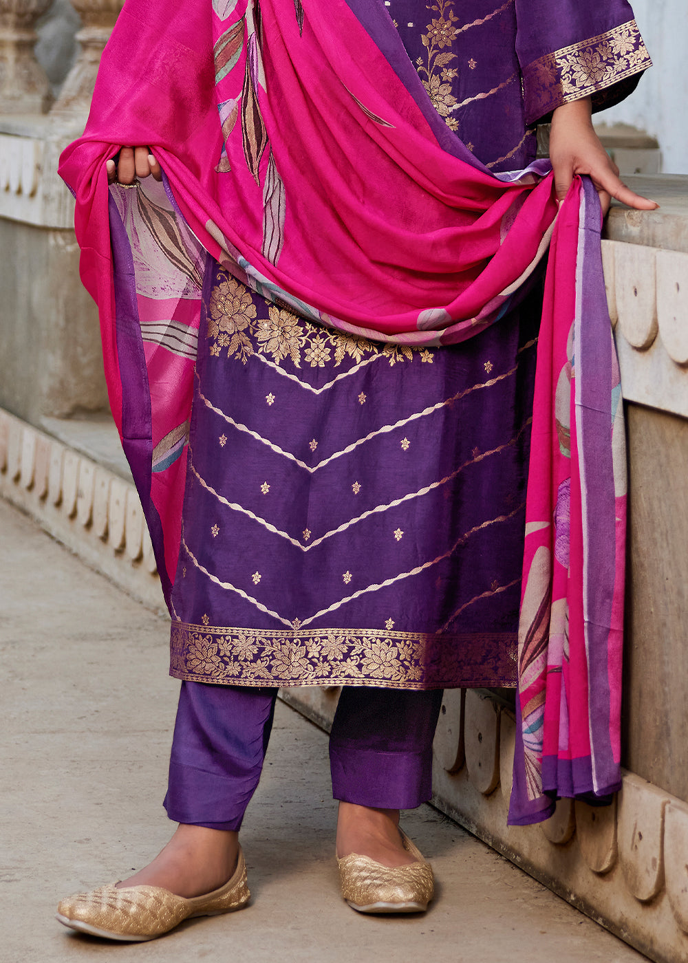 Royal Purple Jacquard Silk Straight Kurta Set with Zari Embroidery &amp; Pink Floral Print Dupatta