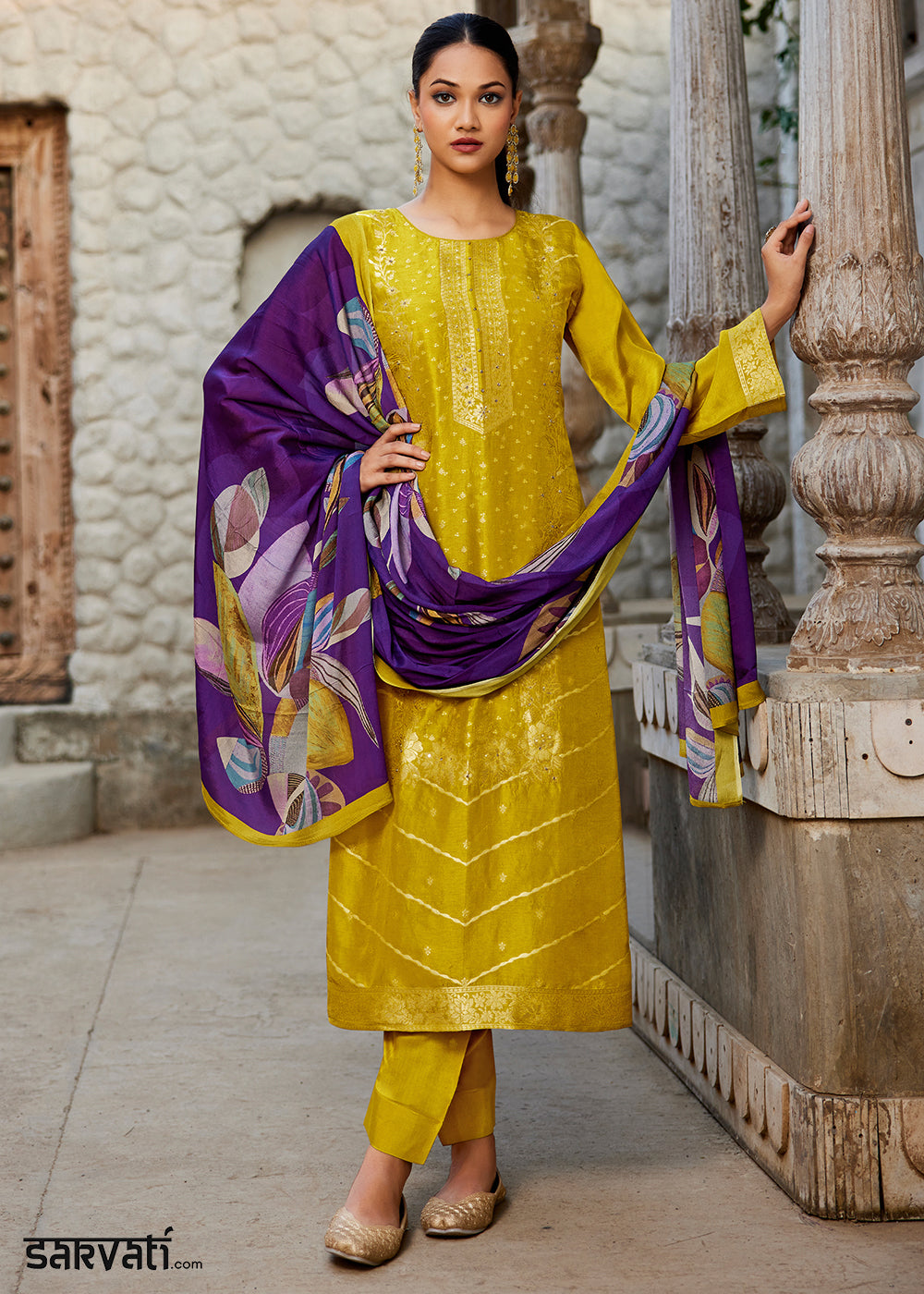 Turmeric Yellow Jacquard Silk Straight Kurta Set with Zari Embroidery &amp; Purple Floral Print Dupatta