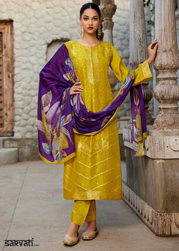 Turmeric Yellow Jacquard Silk Straight Kurta Set with Zari Embroidery & Purple Floral Print Dupatta