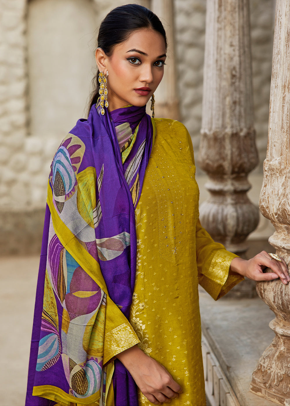 Turmeric Yellow Jacquard Silk Straight Kurta Set with Zari Embroidery & Purple Floral Print Dupatta
