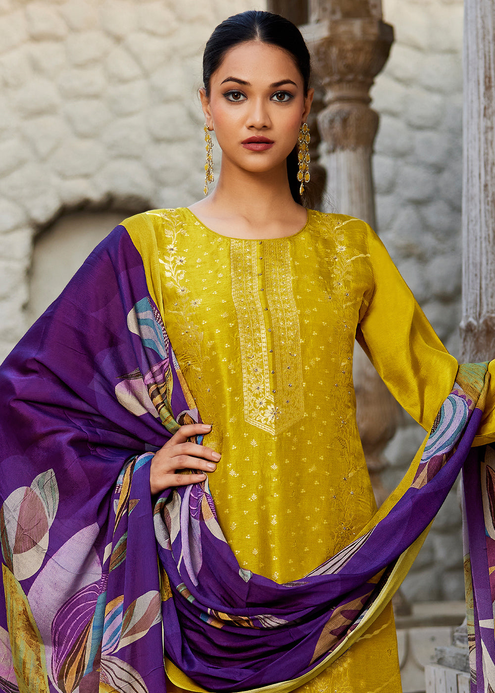 Turmeric Yellow Jacquard Silk Straight Kurta Set with Zari Embroidery &amp; Purple Floral Print Dupatta