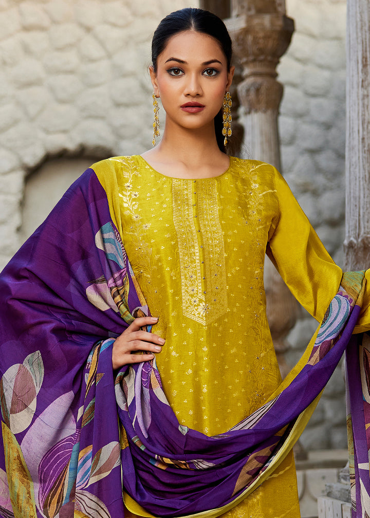 Turmeric Yellow Jacquard Silk Straight Kurta Set with Zari Embroidery &amp; Purple Floral Print Dupatta