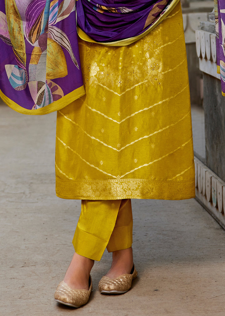 Turmeric Yellow Jacquard Silk Straight Kurta Set with Zari Embroidery &amp; Purple Floral Print Dupatta