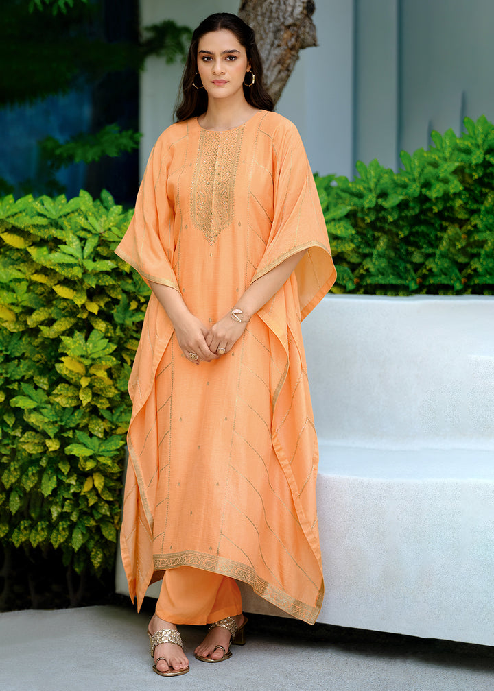 Light Orange Viscose Kaftan Set Adorned with Delicate Handwork