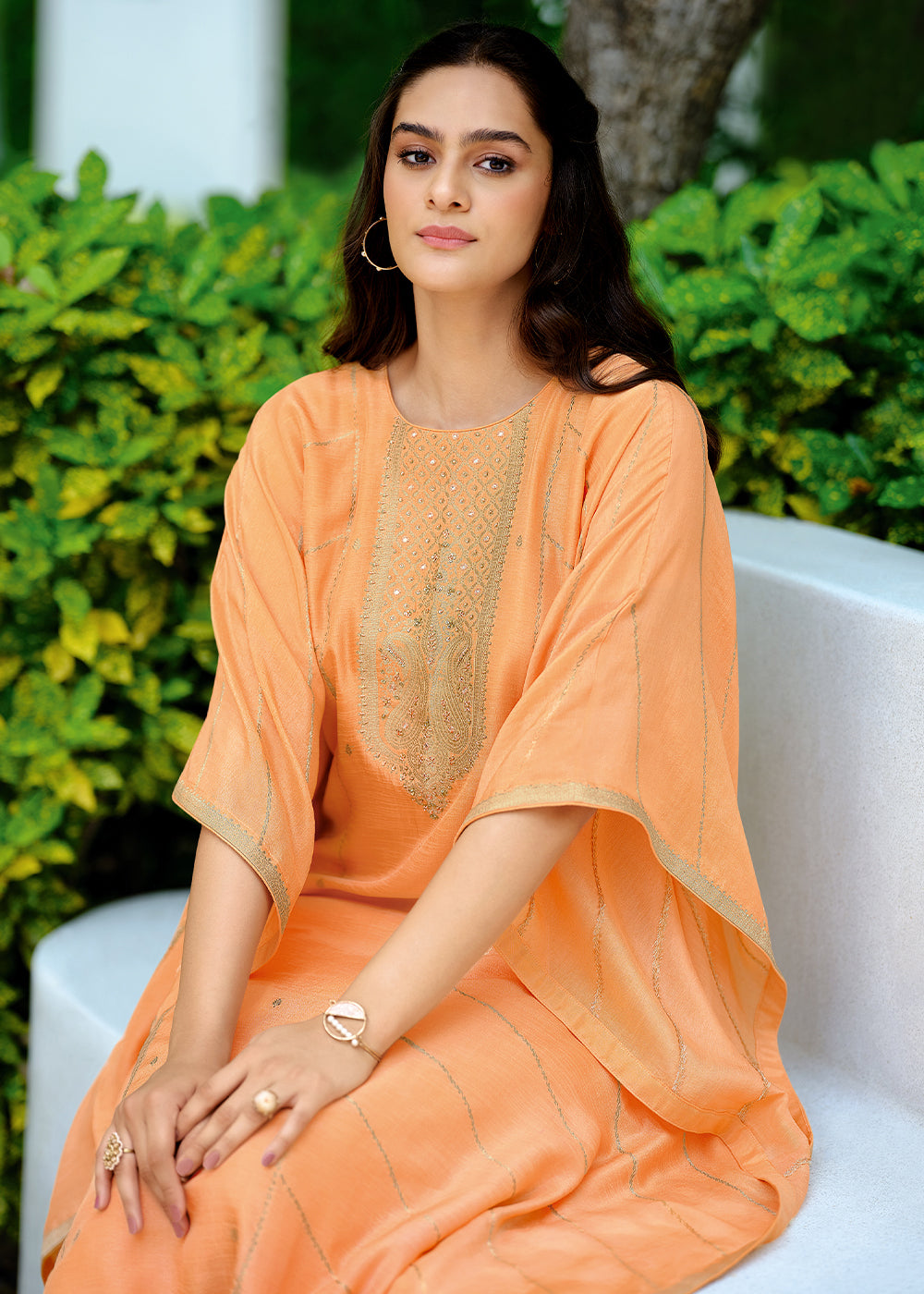 Light Orange Viscose Kaftan Set Adorned with Delicate Handwork