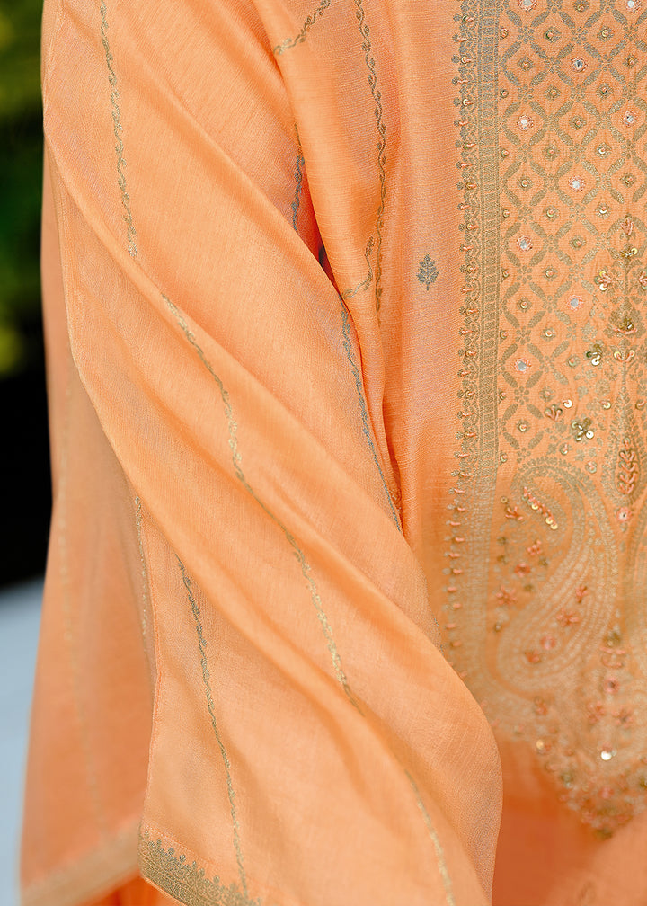 Light Orange Viscose Kaftan Set Adorned with Delicate Handwork