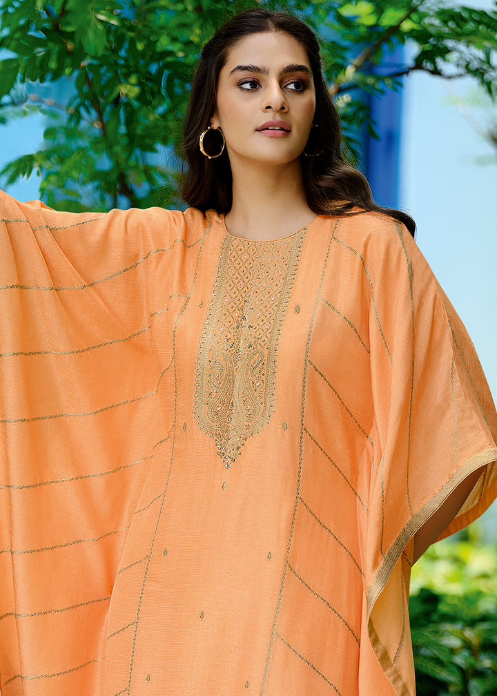 Light Orange Viscose Kaftan Set Adorned with Delicate Handwork