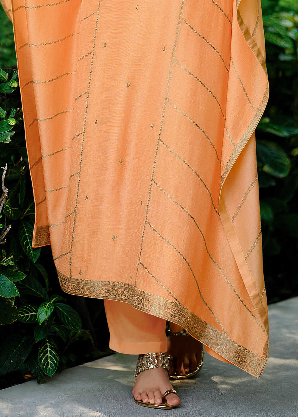 Light Orange Viscose Kaftan Set Adorned with Delicate Handwork