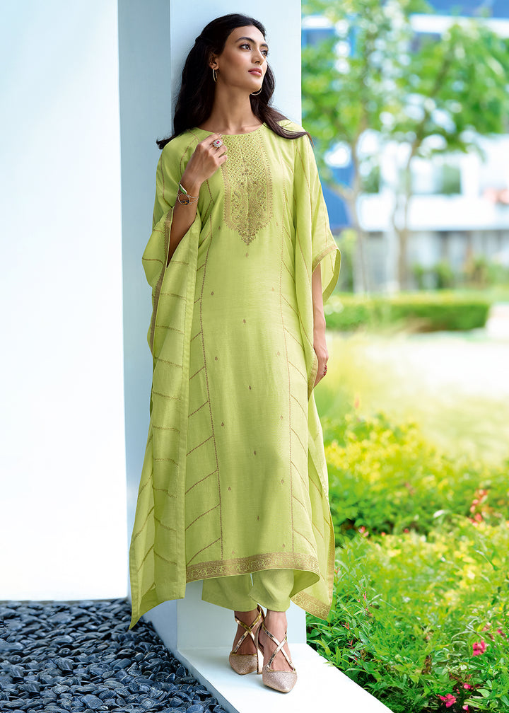 Celadon Green Viscose Kaftan Set Adorned with Delicate Handwork