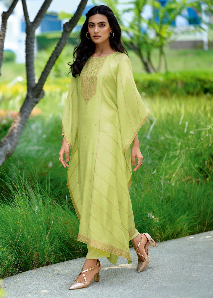 Celadon Green Viscose Kaftan Set Adorned with Delicate Handwork