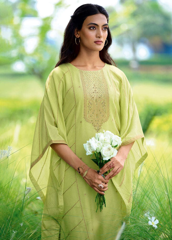 Celadon Green Viscose Kaftan Set Adorned with Delicate Handwork