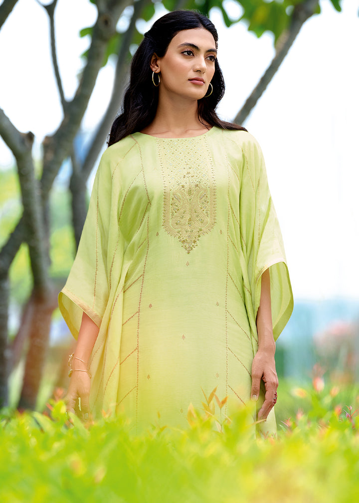 Celadon Green Viscose Kaftan Set Adorned with Delicate Handwork