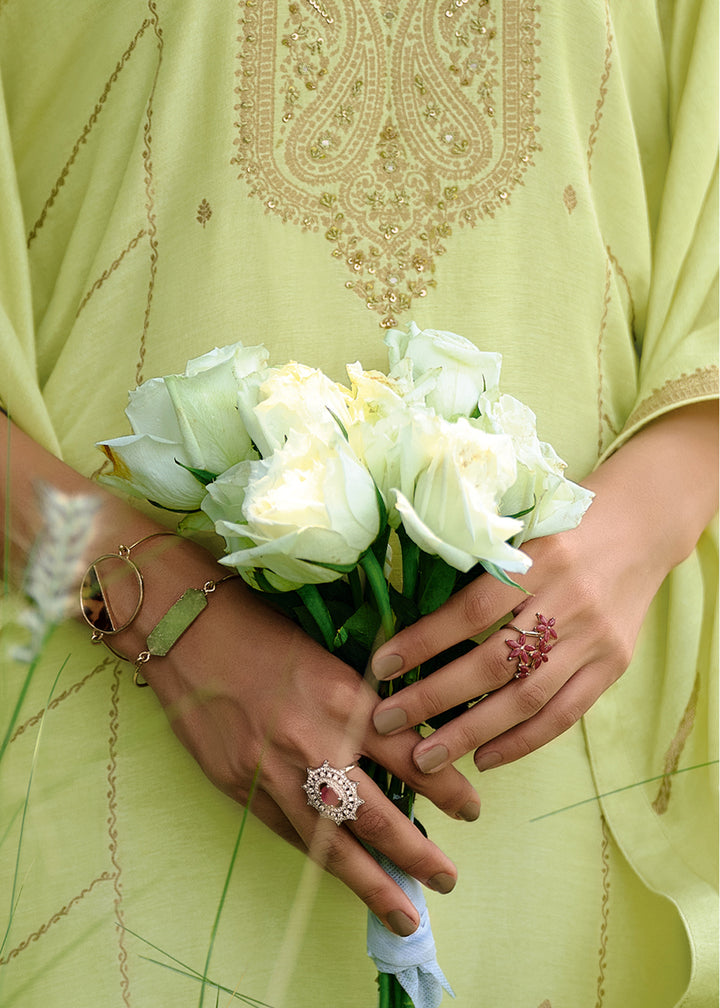 Celadon Green Viscose Kaftan Set Adorned with Delicate Handwork