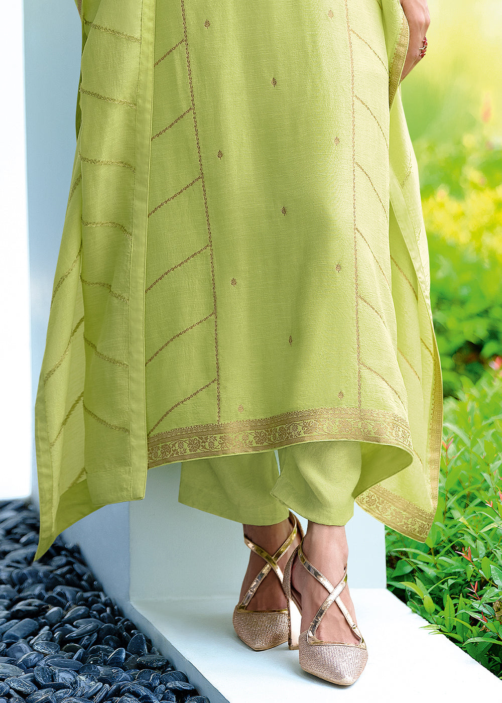 Celadon Green Viscose Kaftan Set Adorned with Delicate Handwork