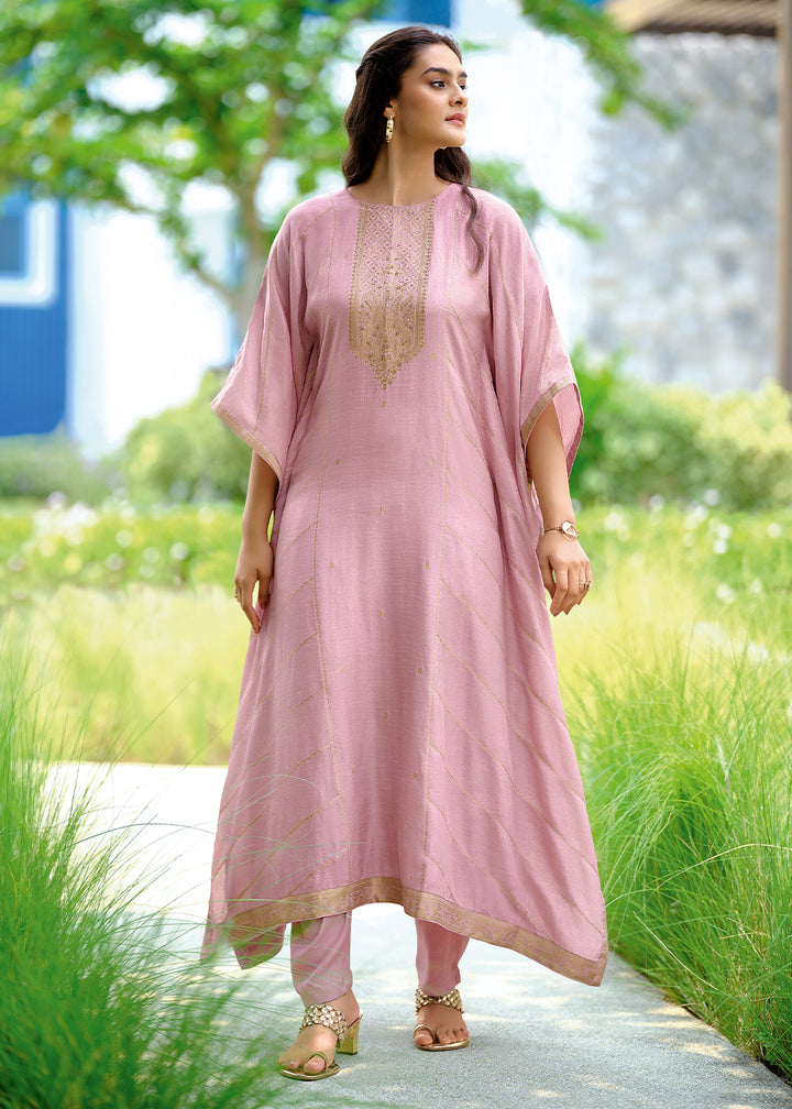 Blush Pink Viscose Kaftan Set Adorned with Delicate Handwork