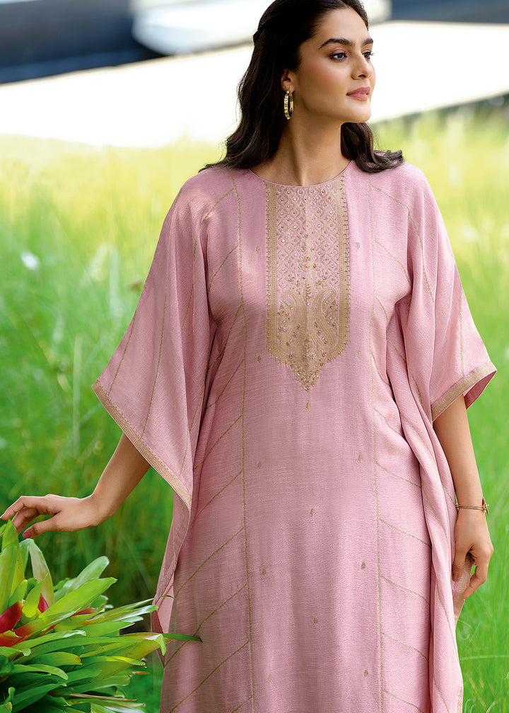 Blush Pink Viscose Kaftan Set Adorned with Delicate Handwork