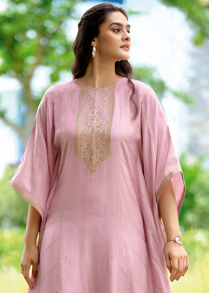 Blush Pink Viscose Kaftan Set Adorned with Delicate Handwork