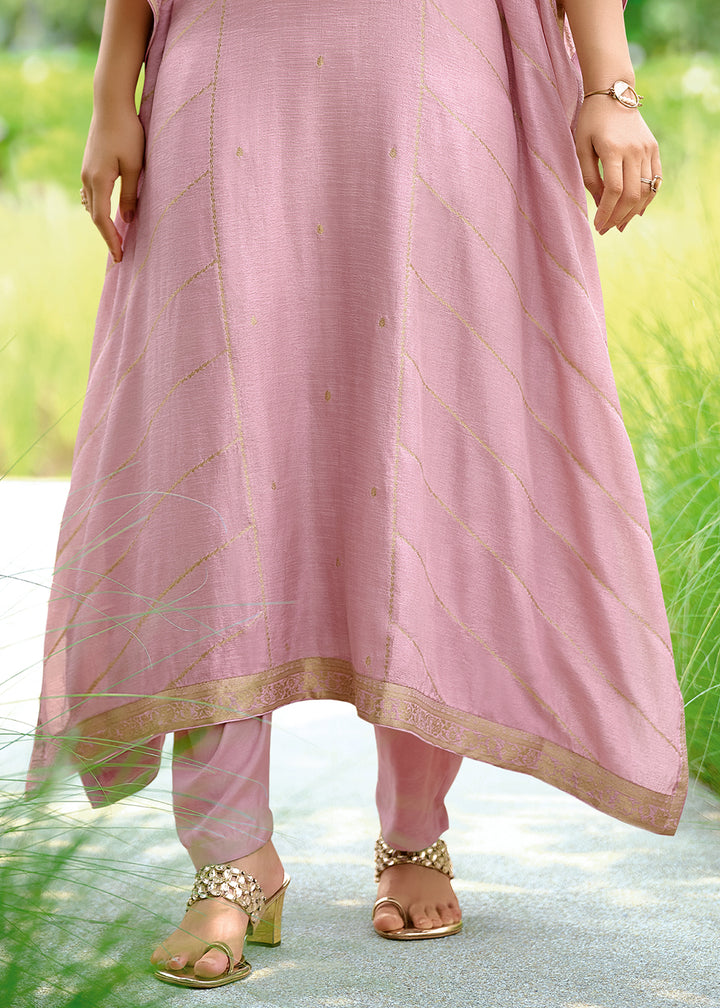 Blush Pink Viscose Kaftan Set Adorned with Delicate Handwork