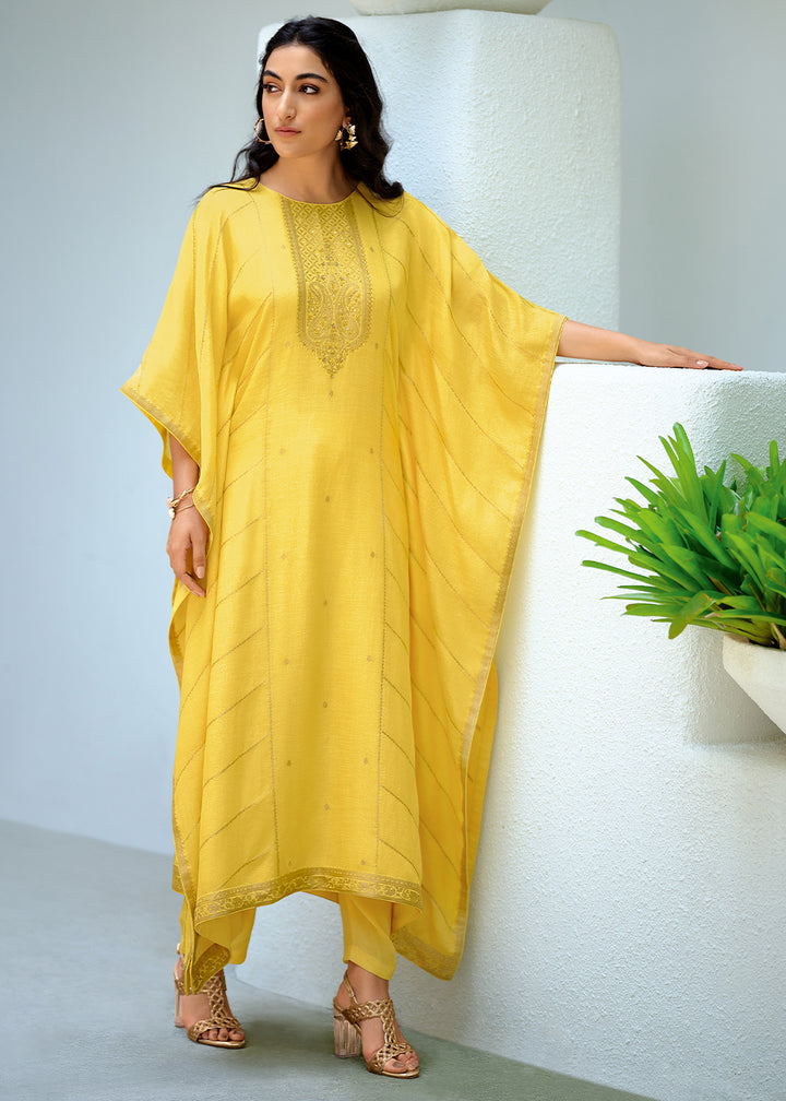 Cadmium Yellow Viscose Kaftan Set Adorned with Delicate Handwork