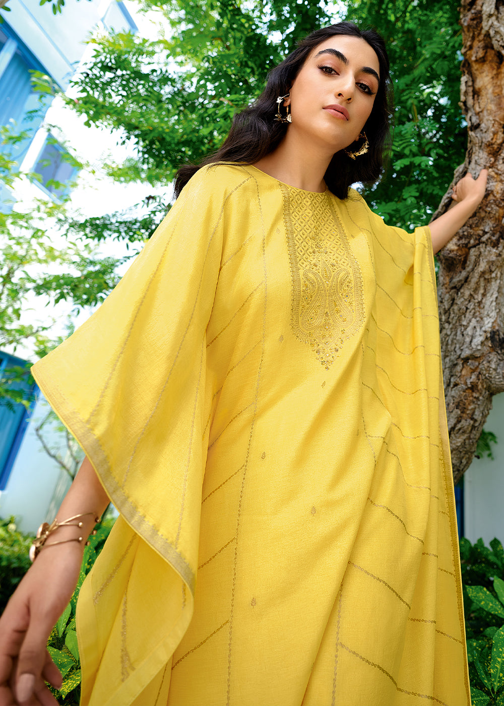 Cadmium Yellow Viscose Kaftan Set Adorned with Delicate Handwork