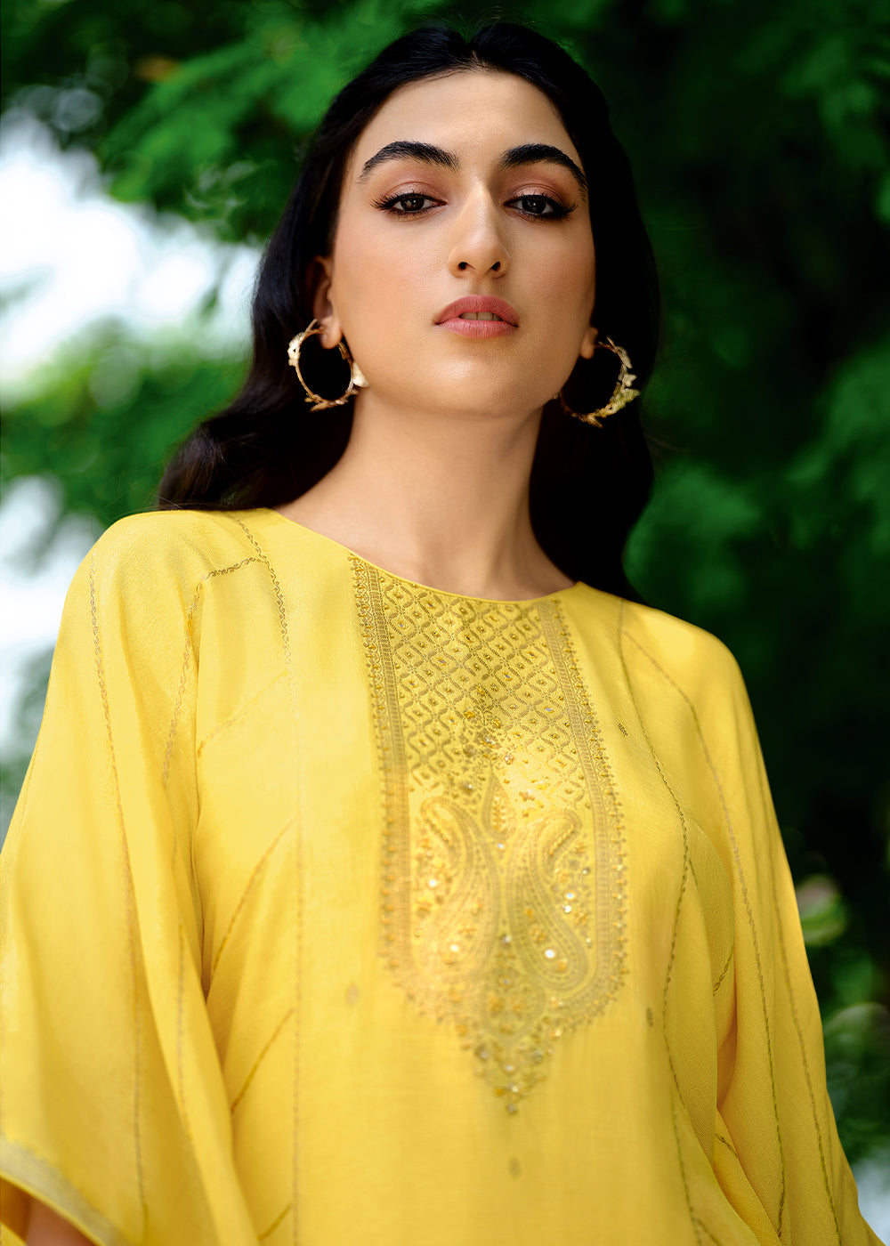 Cadmium Yellow Viscose Kaftan Set Adorned with Delicate Handwork