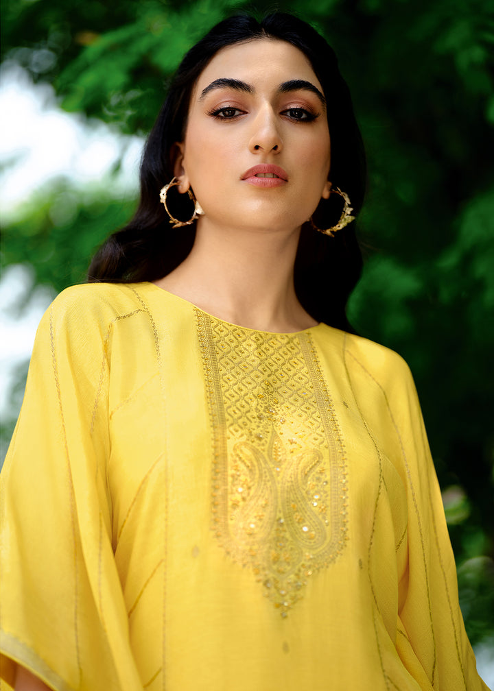 Cadmium Yellow Viscose Kaftan Set Adorned with Delicate Handwork