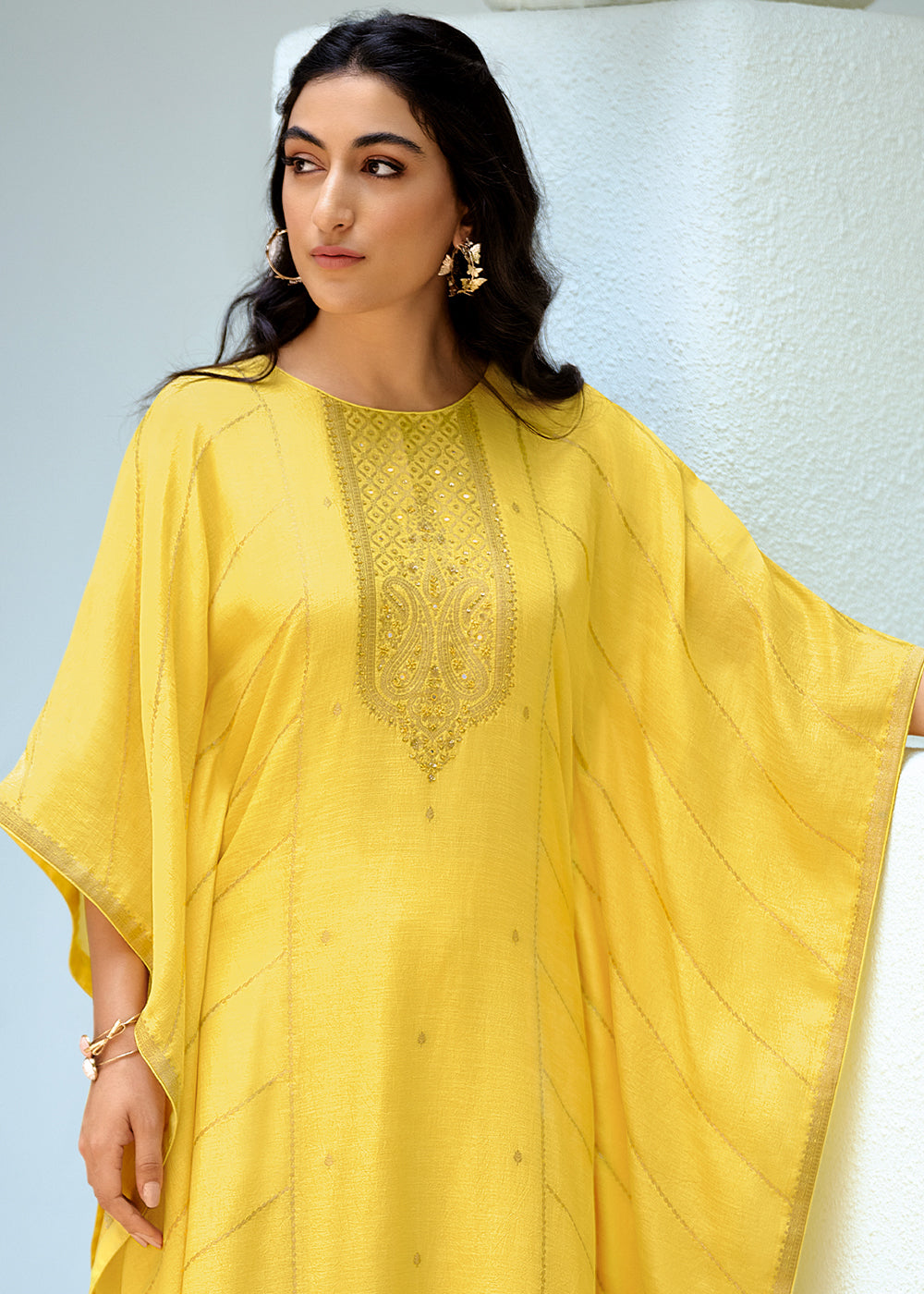 Cadmium Yellow Viscose Kaftan Set Adorned with Delicate Handwork