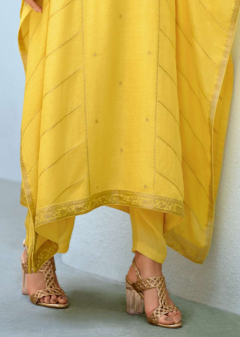 Cadmium Yellow Viscose Kaftan Set Adorned with Delicate Handwork