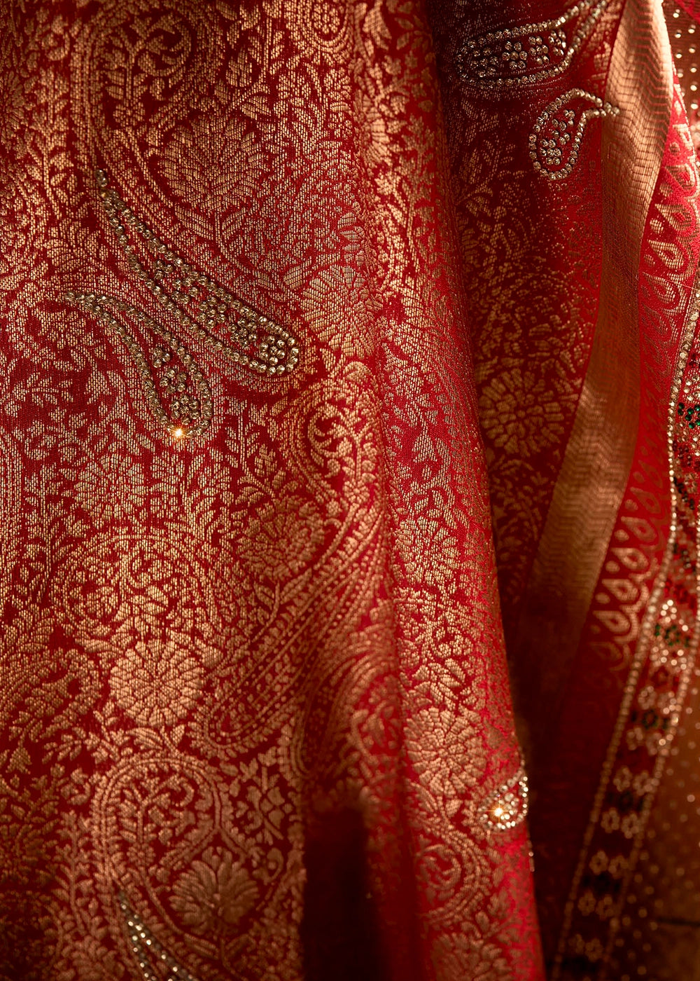 Imperial Red Kadwa Kasab Silk Saree with Swarovski Accents & Zircon Embroidery – With Dupatta