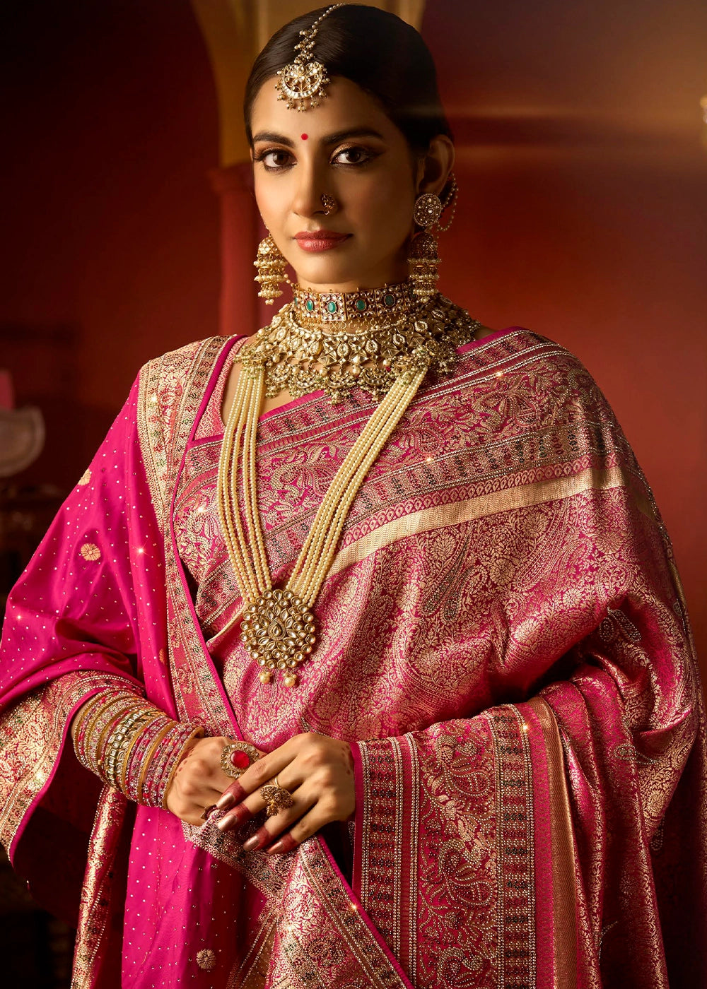 Magenta Pink Kadwa Kasab Silk Saree with Swarovski Accents & Zircon Embroidery – With Dupatta