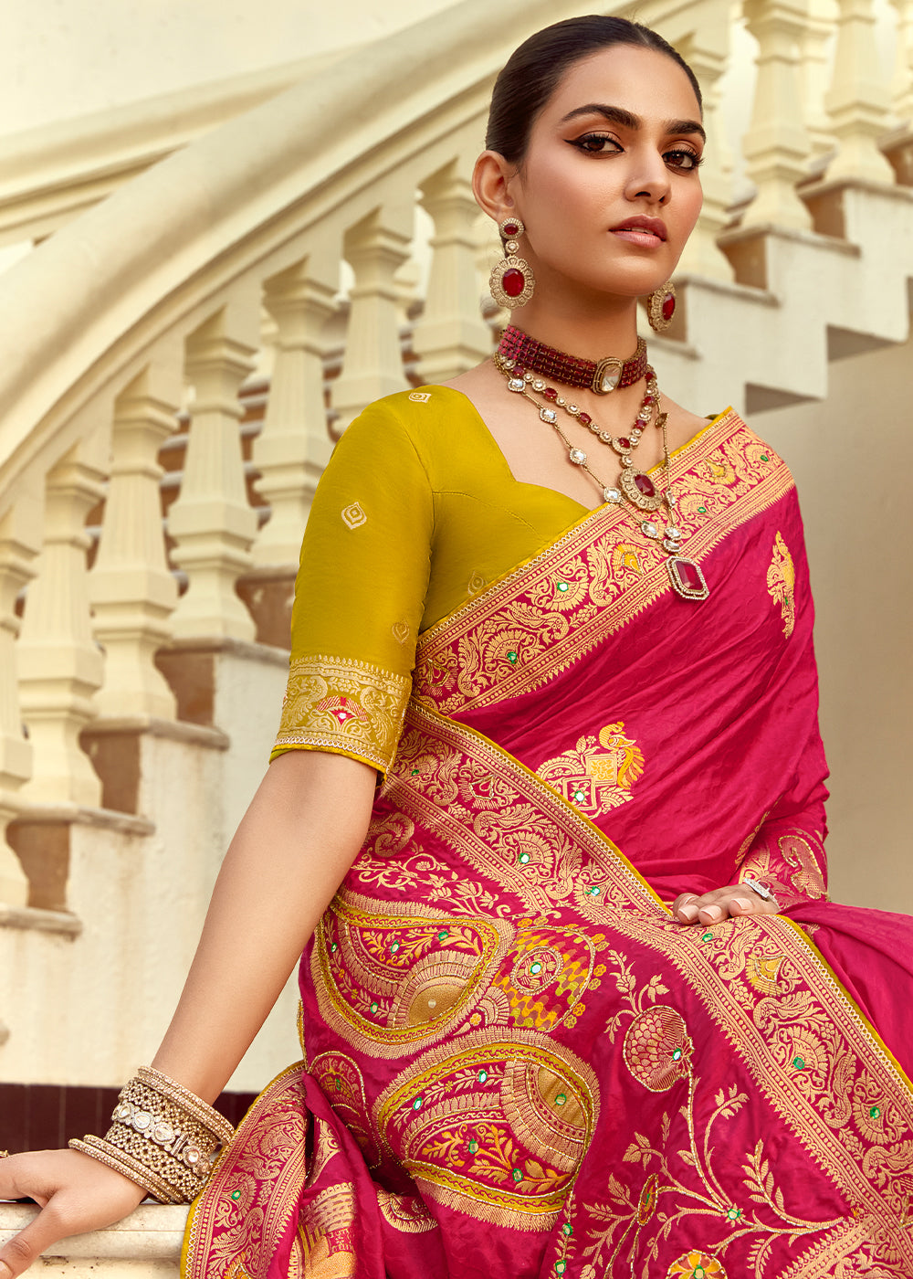 Magenta Pink Dola Silk Saree Featuring Zari Weave And Intricate Handwork With Cut Dana
