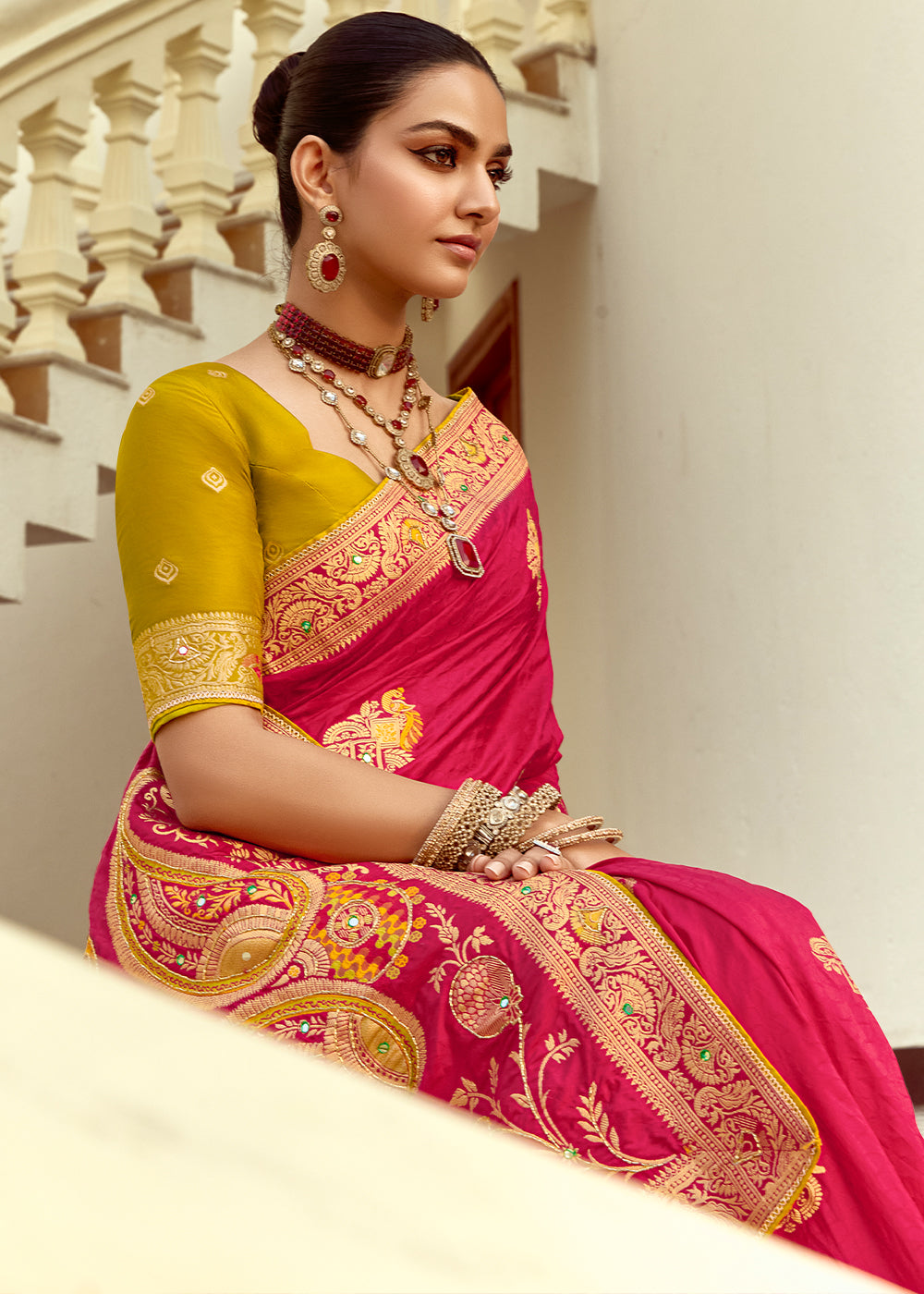 Magenta Pink Dola Silk Saree Featuring Zari Weave And Intricate Handwork With Cut Dana