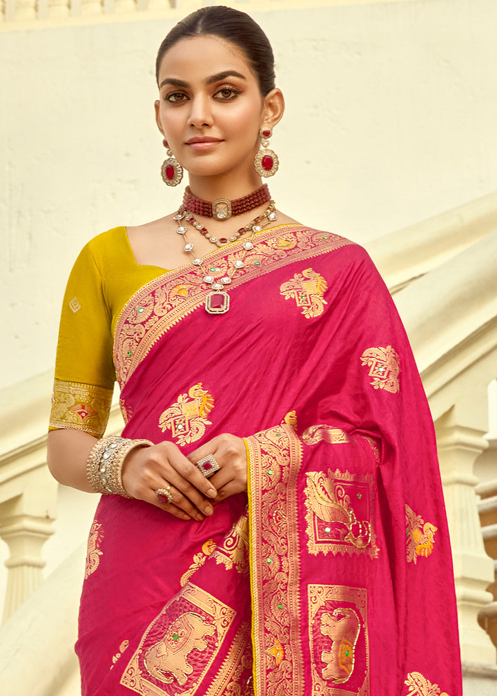 Magenta Pink Dola Silk Saree Featuring Zari Weave And Intricate Handwork With Cut Dana