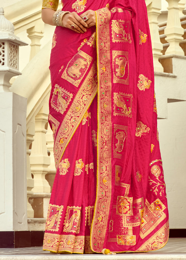 Magenta Pink Dola Silk Saree Featuring Zari Weave And Intricate Handwork With Cut Dana