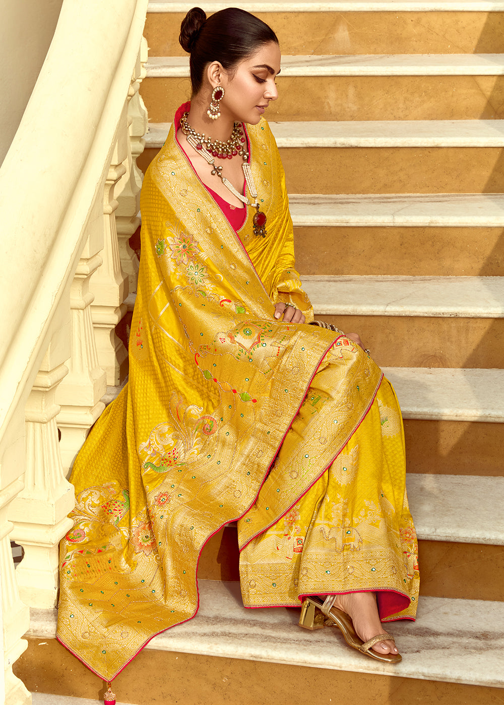 Canary Yellow Dola Silk Saree Featuring Zari Weave And Intricate Handwork With Cut Dana