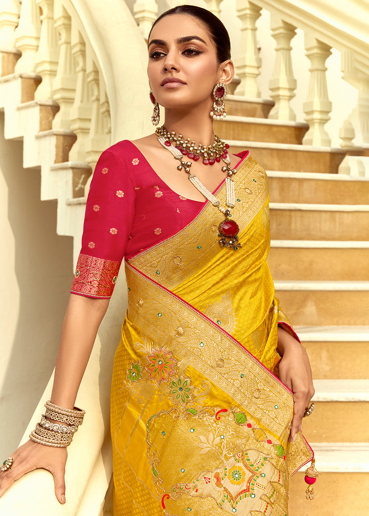 Canary Yellow Dola Silk Saree Featuring Zari Weave And Intricate Handwork With Cut Dana