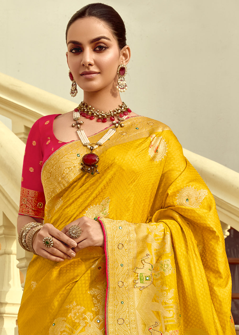 Canary Yellow Dola Silk Saree Featuring Zari Weave And Intricate Handwork With Cut Dana