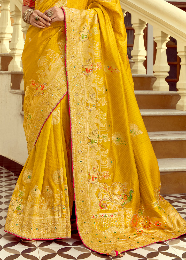 Canary Yellow Dola Silk Saree Featuring Zari Weave And Intricate Handwork With Cut Dana