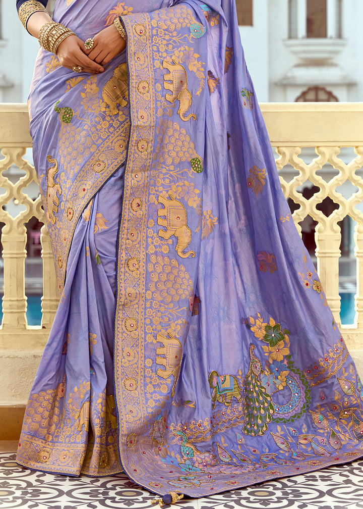Soft Purple Dola Silk Saree Featuring Zari Weave And Intricate Handwork With Cut Dana