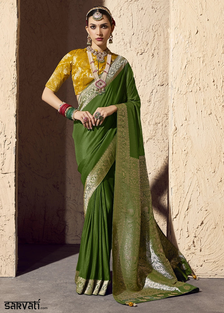 Fern Green Viscose Silk Saree with Rich Zari Weaving