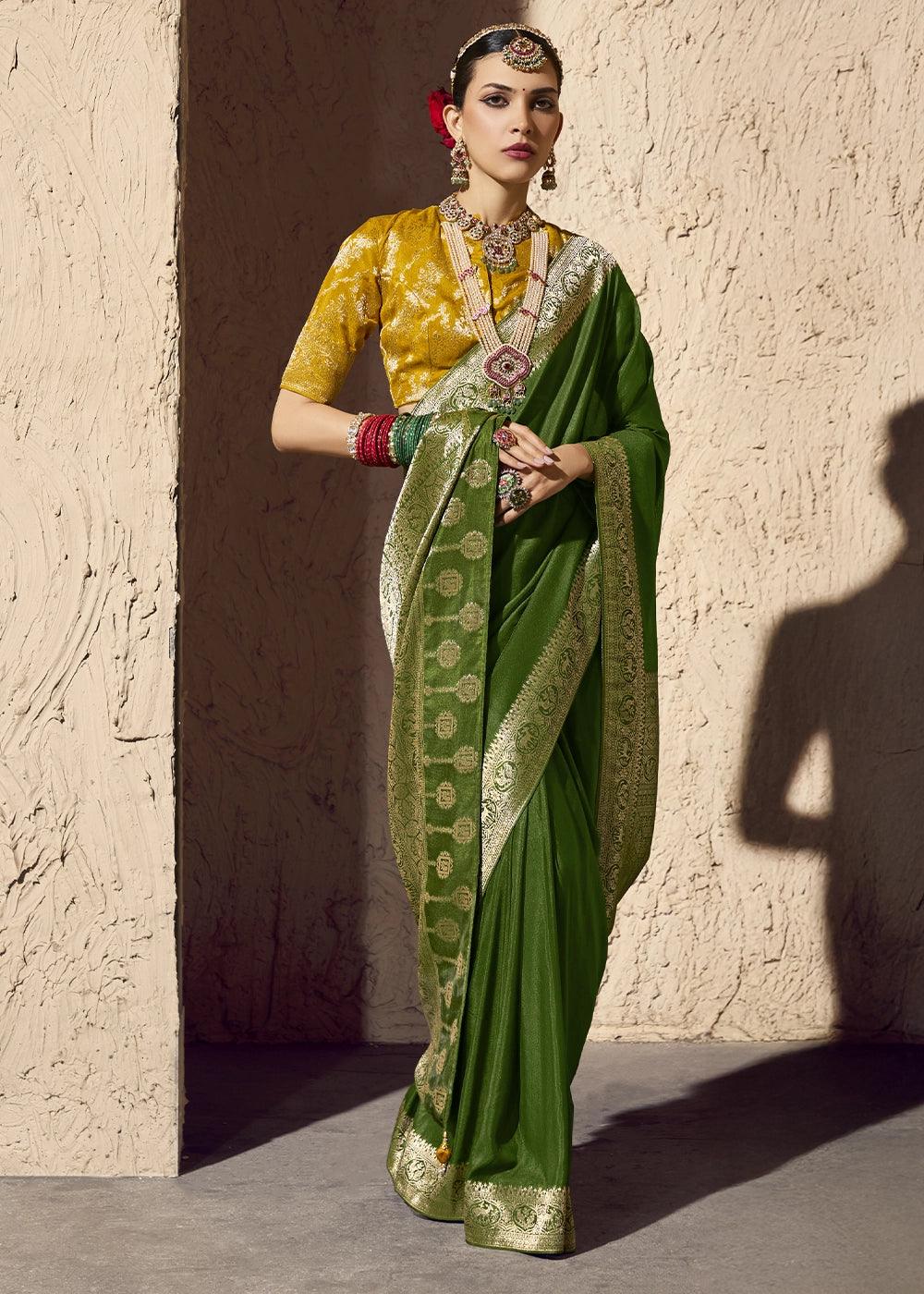Fern Green Viscose Silk Saree with Rich Zari Weaving