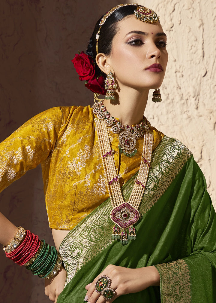 Fern Green Viscose Silk Saree with Rich Zari Weaving