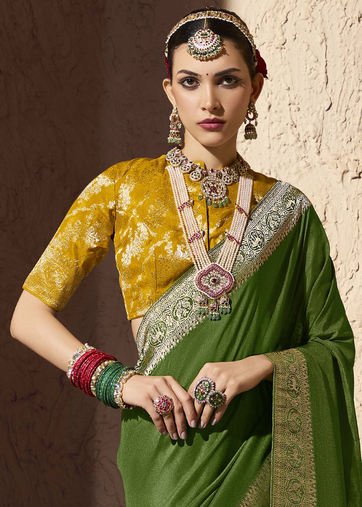 Fern Green Viscose Silk Saree with Rich Zari Weaving